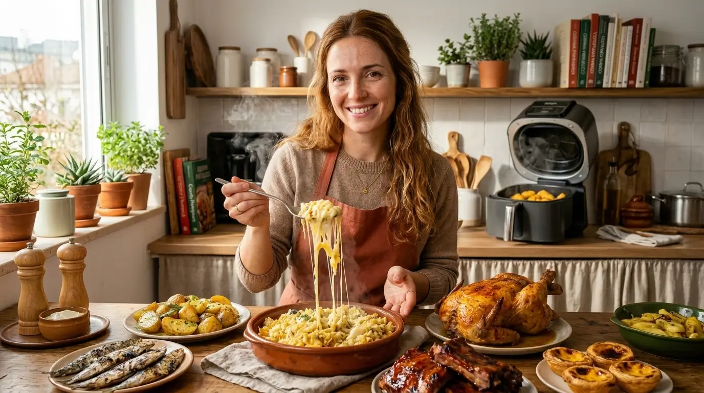 Mesa farta com receitas de Airfryer e mulher sorrindo